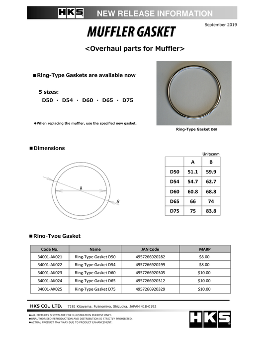 HKS Muffler Gasket 66mm ID 74mm OD - 34001-AK024