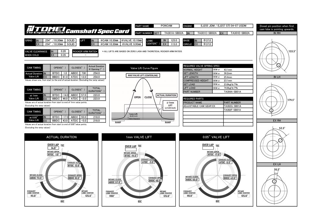 Tomei VALC Camshaft Poncam Exhaust 254-10.30mm Lift For Subaru EJ25 Single AVCS