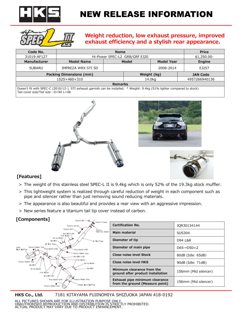 HKS Hi-Power SPEC-L2 GRB/GRF EJ20 - 31019-AF127