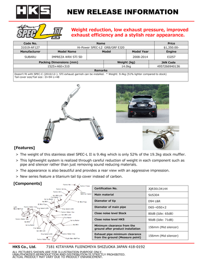 HKS Hi-Power SPEC-L2 GRB/GRF EJ20 - 31019-AF127