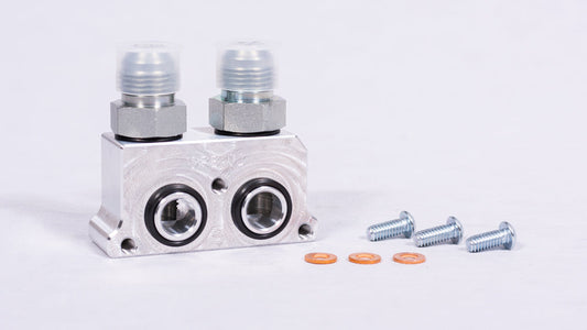 Sikky Manufacturing - Oil Pan Adapter Block, Side Port, Includes -10AN Orb Fittings For Remote Oil Filter Lines (SM-OPB-02)